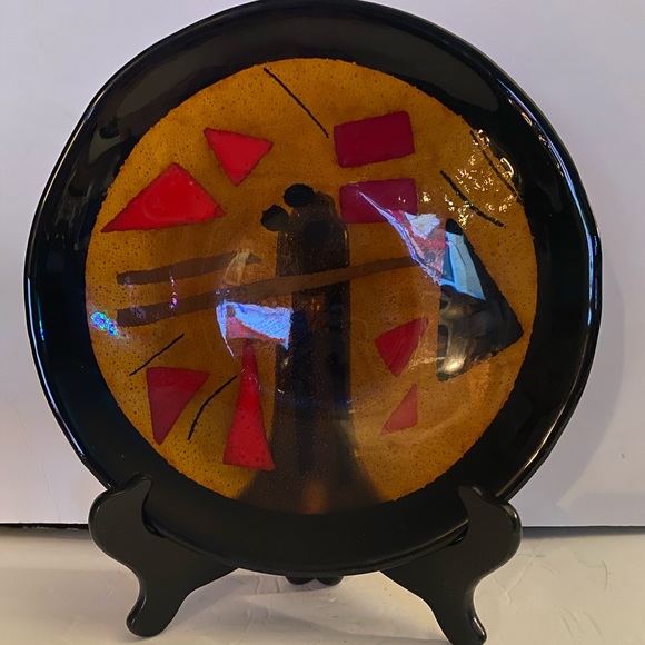 Fused Glass 10” Bowl Gold Red Blk Rim Geometric MCM no chips or cracks - Picture 2 of 7